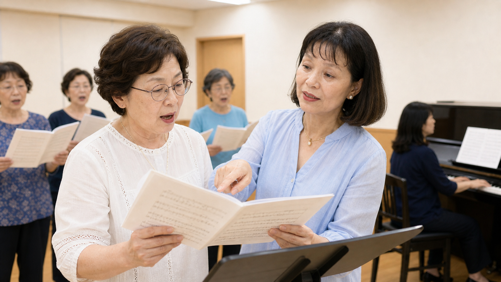 楽譜を見ながら個別指導を受けるメンバー